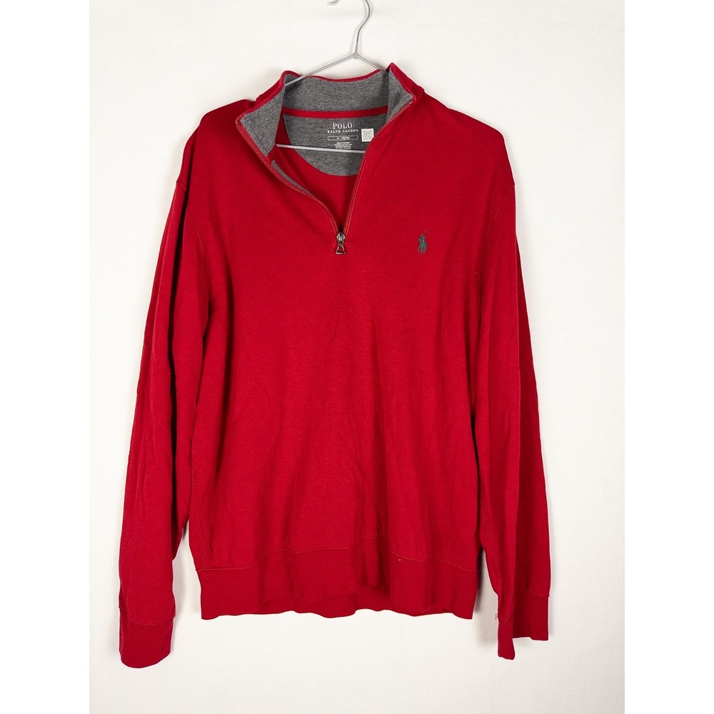 Polo Ralph Lauren Mens M Red Quarter Zip Pullover Sweater Green Pony Cotton